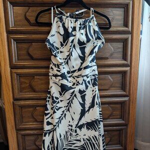 Ann Taylor 100% Silk Black and White Leaf Print Midi Dress Size 4